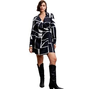 Mango MNG Women Black White Geometric Satin Wrap Mini Dress Plus Size 18 /‎ 3XL